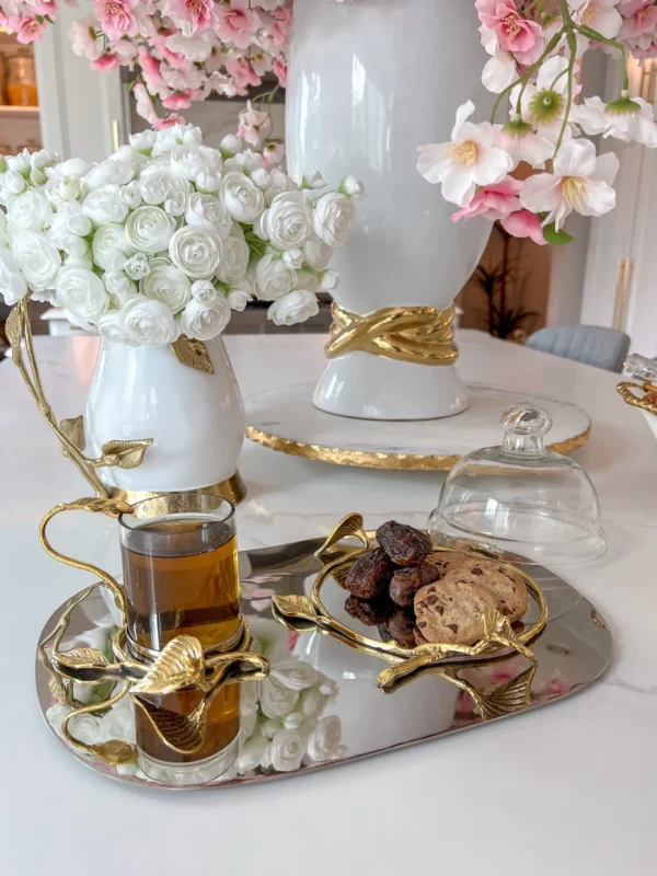 Inspire Me! Home Decor Silver Metal Oval Tray With Glass Mug & Cake Dome And Gold Leaf Details