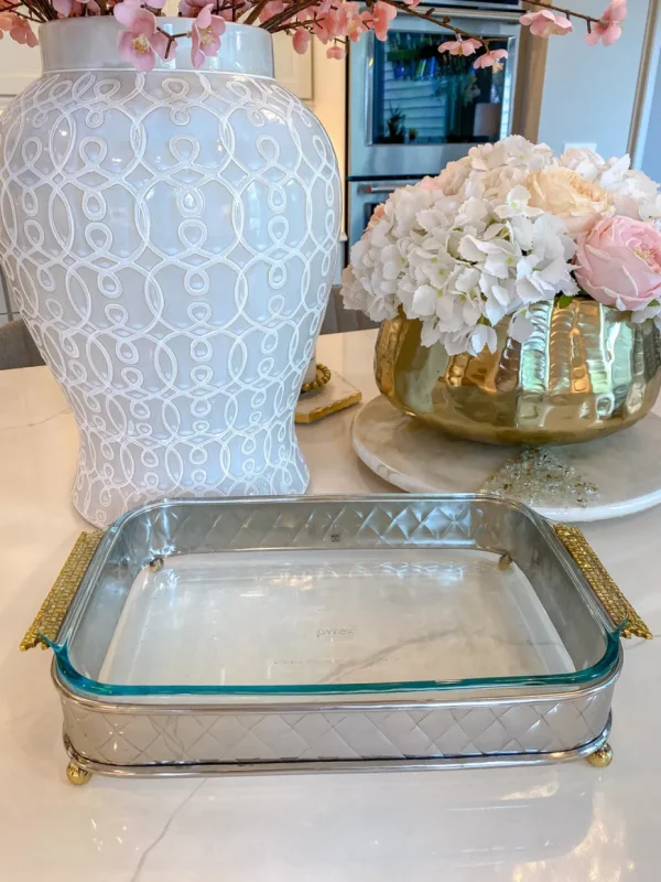 Inspire Me! Home Decor Silver Pyrex Holder With Gold Mosaic Handles And Pyrex