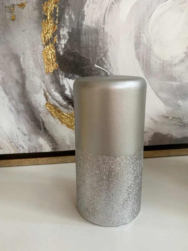 Inspire Me! Home Decor Silver Pillar Candle With Silver Glitter Band