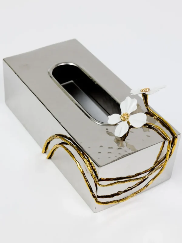 Inspire Me! Home Decor Silver Tissue Box Cover With White Jeweled Flower Details