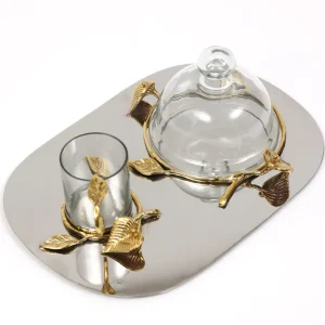 Inspire Me! Home Decor Silver Metal Oval Tray With Glass Mug & Cake Dome And Gold Leaf Details