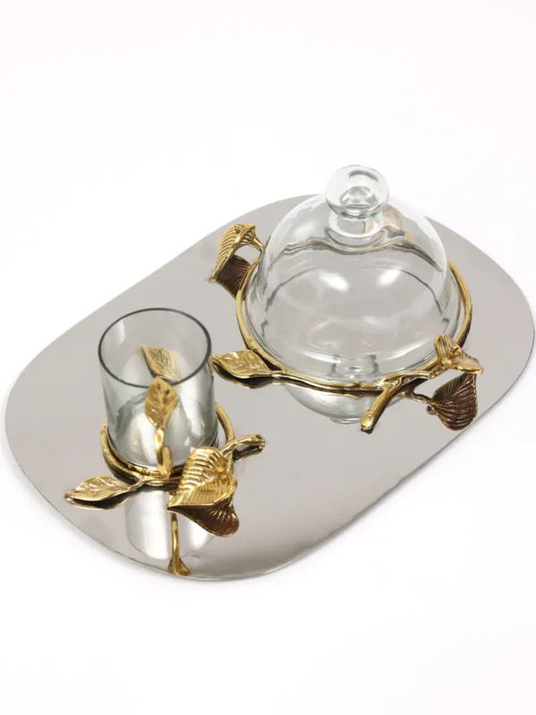 Inspire Me! Home Decor Silver Metal Oval Tray With Glass Mug & Cake Dome And Gold Leaf Details