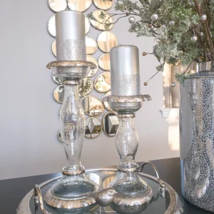 Inspire Me! Home Decor Silver Pillar Candle With Silver Glitter Band