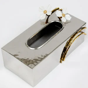 Inspire Me! Home Decor Silver Tissue Box Cover With White Jeweled Flower Details