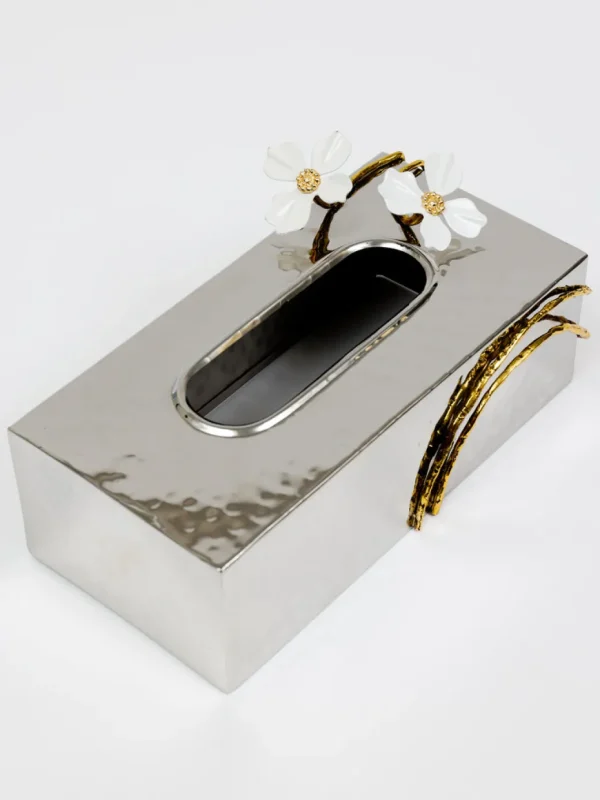 Inspire Me! Home Decor Silver Tissue Box Cover With White Jeweled Flower Details