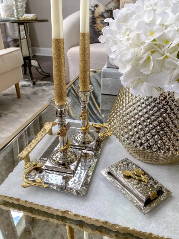 Inspire Me! Home Decor Silver Hammered Candlestick Set With Matching Tray