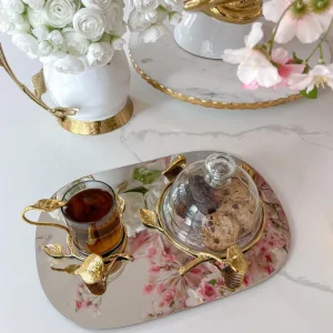 Inspire Me! Home Decor Silver Metal Oval Tray With Glass Mug & Cake Dome And Gold Leaf Details