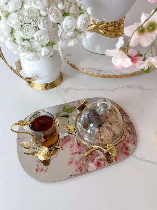 Inspire Me! Home Decor Silver Metal Oval Tray With Glass Mug & Cake Dome And Gold Leaf Details