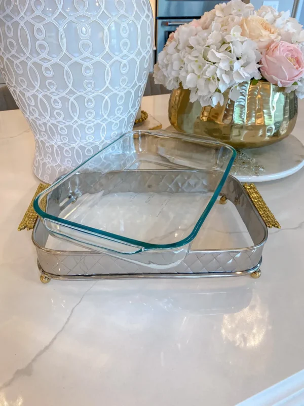 Inspire Me! Home Decor Silver Pyrex Holder With Gold Mosaic Handles And Pyrex