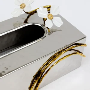 Inspire Me! Home Decor Silver Tissue Box Cover With White Jeweled Flower Details