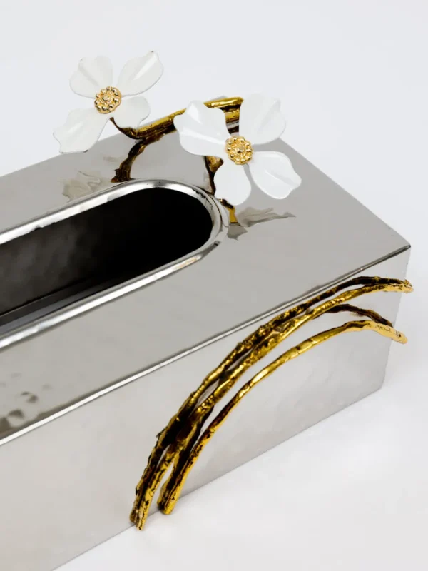 Inspire Me! Home Decor Silver Tissue Box Cover With White Jeweled Flower Details