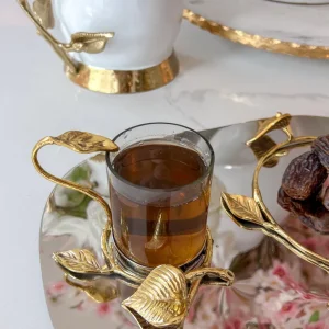 Inspire Me! Home Decor Silver Metal Oval Tray With Glass Mug & Cake Dome And Gold Leaf Details