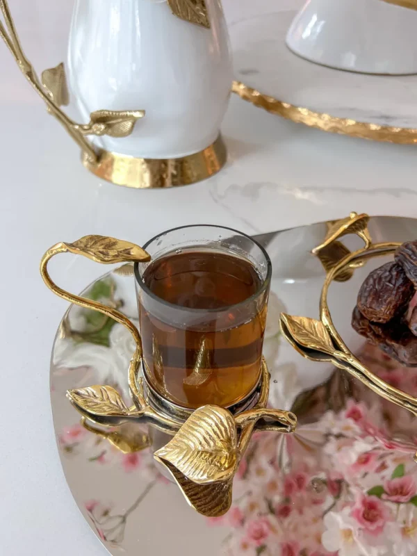 Inspire Me! Home Decor Silver Metal Oval Tray With Glass Mug & Cake Dome And Gold Leaf Details