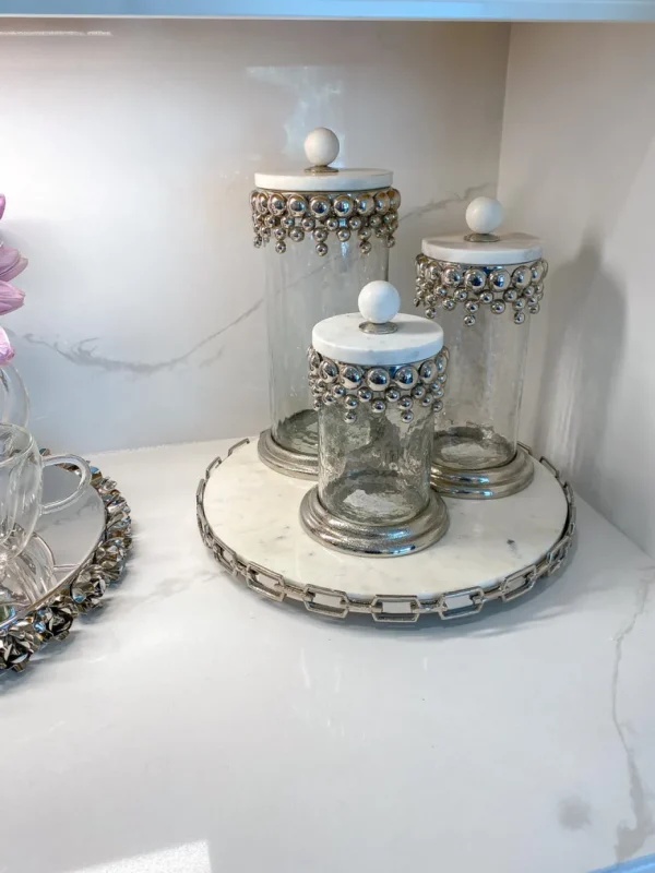 Inspire Me! Home Decor Silver Beaded Canisters W/ Marble Lid (3 Sizes)