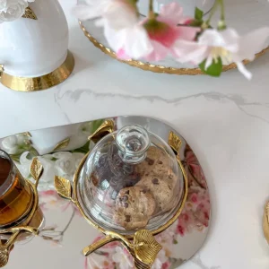 Inspire Me! Home Decor Silver Metal Oval Tray With Glass Mug & Cake Dome And Gold Leaf Details