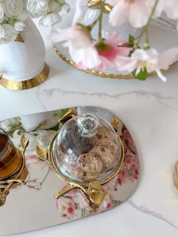 Inspire Me! Home Decor Silver Metal Oval Tray With Glass Mug & Cake Dome And Gold Leaf Details