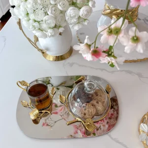 Inspire Me! Home Decor Silver Metal Oval Tray With Glass Mug & Cake Dome And Gold Leaf Details