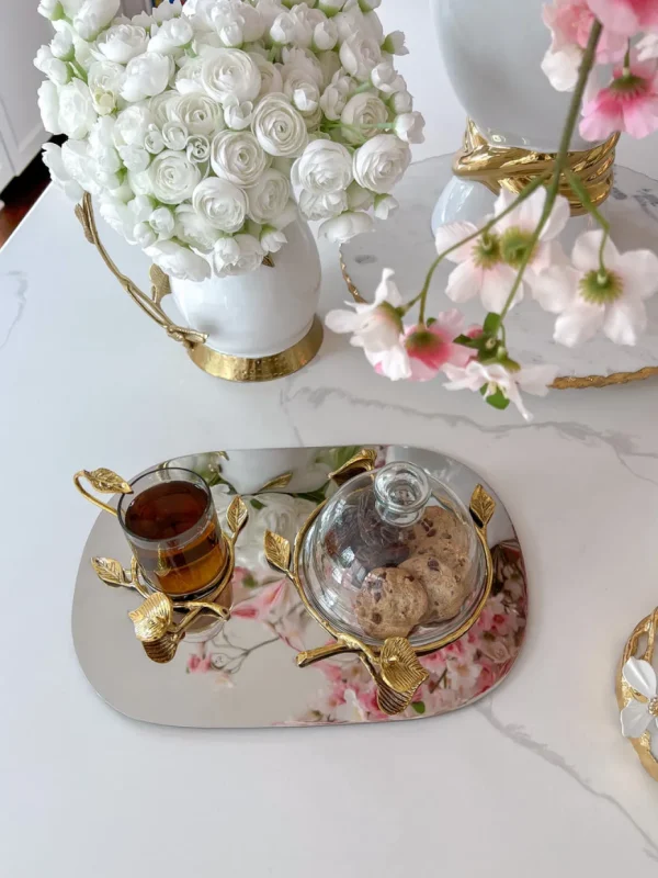 Inspire Me! Home Decor Silver Metal Oval Tray With Glass Mug & Cake Dome And Gold Leaf Details