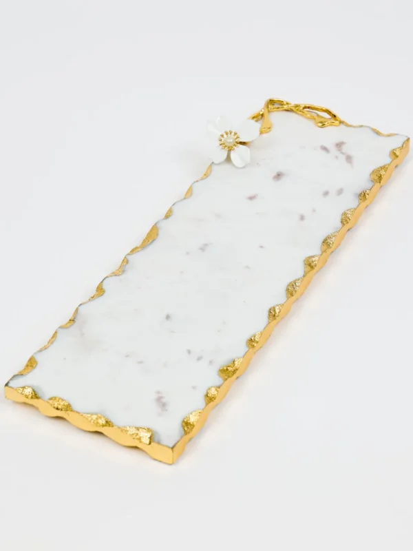 Inspire Me! Home Decor Small Rectangular Marble Tray With White Jeweled Flower Details