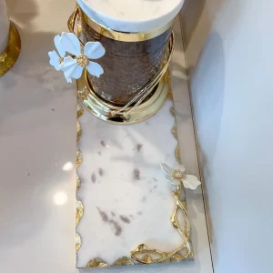 Inspire Me! Home Decor Small Rectangular Marble Tray With White Jeweled Flower Details