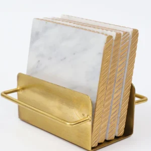 Inspire Me! Home Decor Square Marble Coasters With Gold Edge & Gold Metal Holder