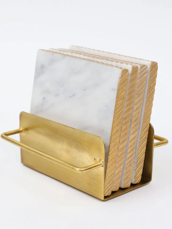 Inspire Me! Home Decor Square Marble Coasters With Gold Edge & Gold Metal Holder