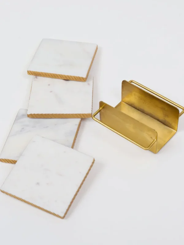 Inspire Me! Home Decor Square Marble Coasters With Gold Edge & Gold Metal Holder