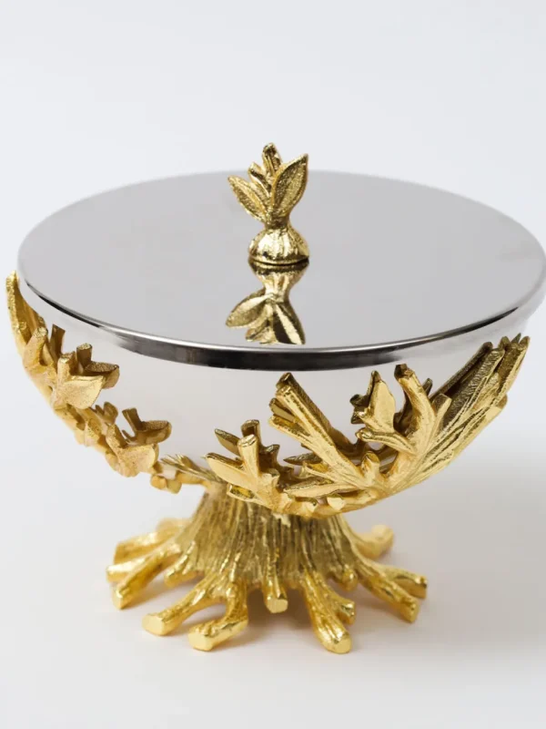 Inspire Me! Home Decor Stainless Bowl On Gold Metal Branch Base And Lid