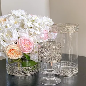 Inspire Me! Home Decor Tall Glass Vase W/ Ornate Silver Metal Rims