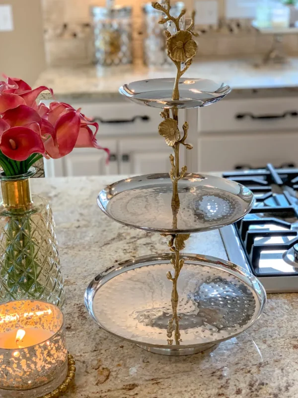Inspire Me! Home Decor 3-Tier Dessert Stand With Gold Flowers