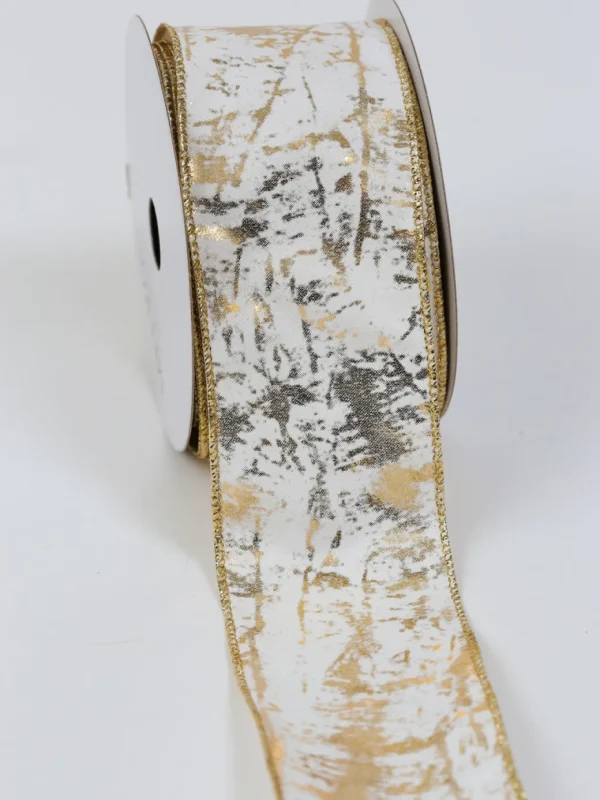 Inspire Me! Home Decor Velvet White And Gold Metallic Marble Print Ribbon