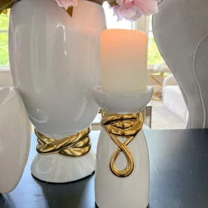 Inspire Me! Home Decor White Ceramic Candle Holder With Gold Elegant Details (2 Sizes)