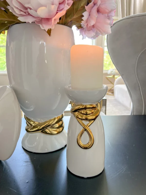 Inspire Me! Home Decor White Ceramic Candle Holder With Gold Elegant Details (2 Sizes)