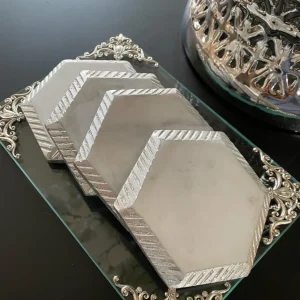 Inspire Me! Home Decor White Marble Hexagon Coasters W/ Silver Edge