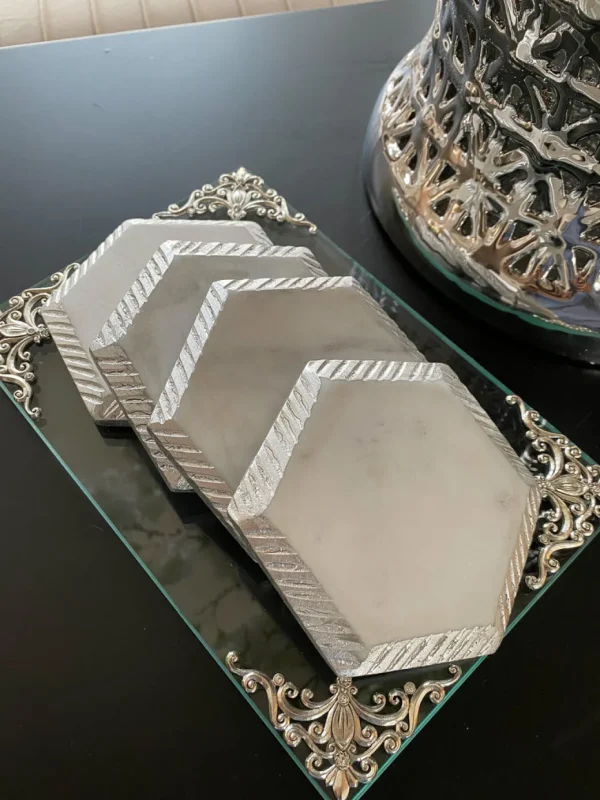 Inspire Me! Home Decor White Marble Hexagon Coasters W/ Silver Edge