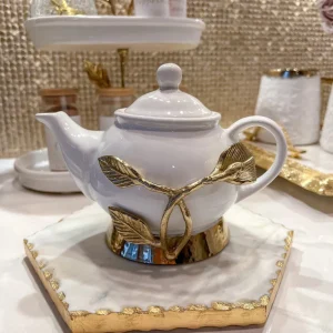 Inspire Me! Home Decor White And Gold Ceramic Tea Pot With Gold Leaf Design