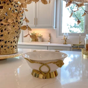 Inspire Me! Home Decor White Ceramic Bowl With Gold Leaf Details And Base (2 Sizes)