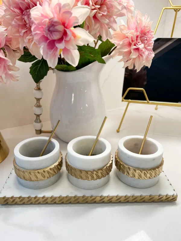 Inspire Me! Home Decor White Marble Condiment Tray With 3 Bowls & Golden Spoons