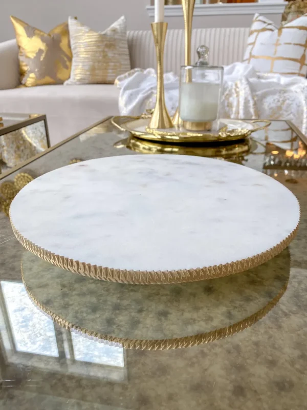 Inspire Me! Home Decor White Marble Round Lazy Susan W/ Gold Textured Edge