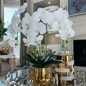 Inspire Me! Home Decor White Faux Orchid In Shiny Gold Pot “From Pops Of Color Home Collection” Floral Stems