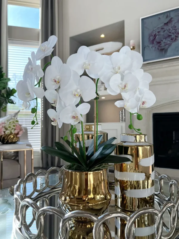 Inspire Me! Home Decor White Faux Orchid In Shiny Gold Pot “From Pops Of Color Home Collection” Floral Stems