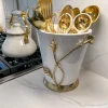 Inspire Me! Home Decor White Ceramic Utensil Holder With Gold Leaf Details & Base