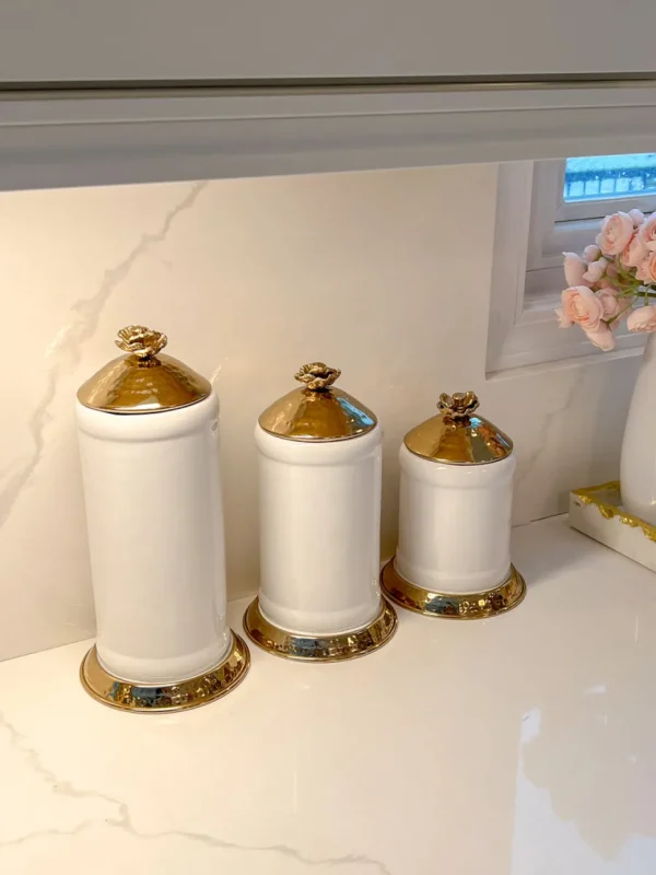 Inspire Me! Home Decor White Ceramic Jars With Gold Flower Lid (3 Sizes)