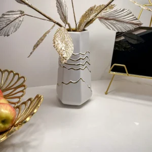 Inspire Me! Home Decor White And Gold Ceramic Striped Vase