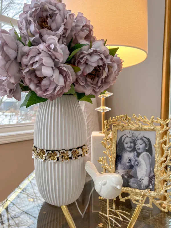 Inspire Me! Home Decor White Linear Ceramic Vase With Gold Floral Detail