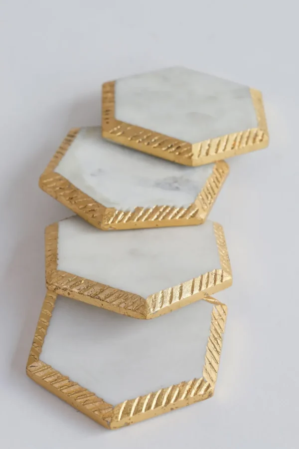 Inspire Me! Home Decor White Marble Hexagon Coasters W/ Gold Edge