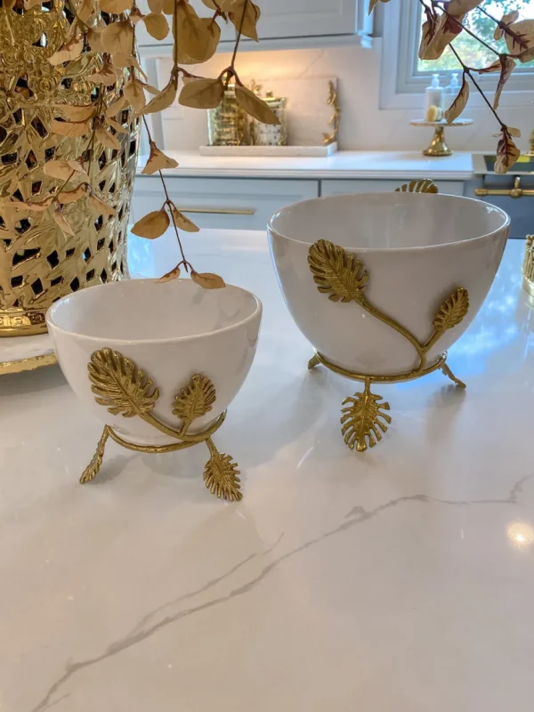 Inspire Me! Home Decor White Ceramic Bowl With Gold Leaf Details (2 Sizes)