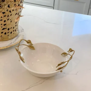 Inspire Me! Home Decor White Ceramic Bowl With Gold Vine & Leaf Handles