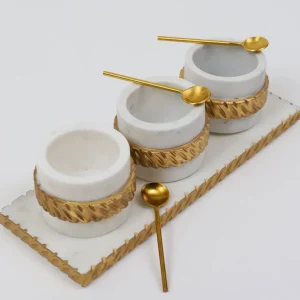 Inspire Me! Home Decor White Marble Condiment Tray With 3 Bowls & Golden Spoons