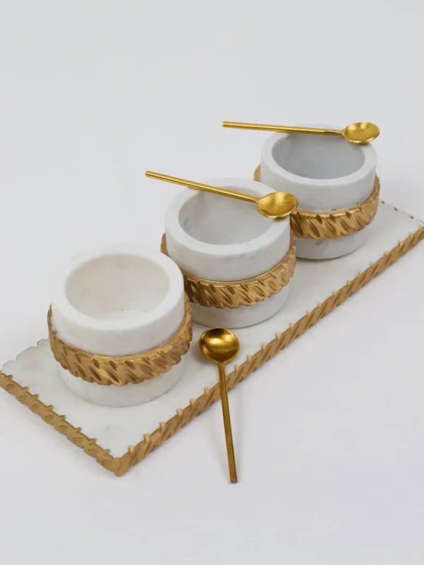 Inspire Me! Home Decor White Marble Condiment Tray With 3 Bowls & Golden Spoons